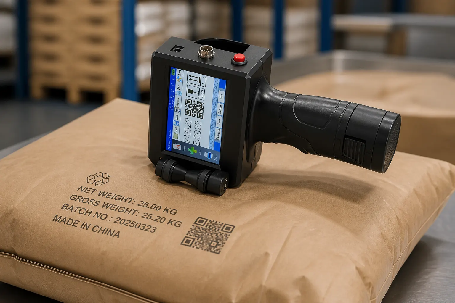 Handheld inkjet coder marking a carton